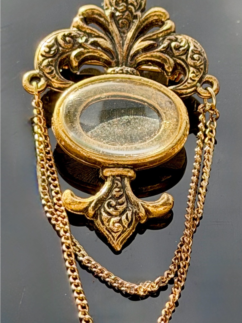 Gold Ornate Filigree Brooch with Clear Cabochon - Women’s Jewelry